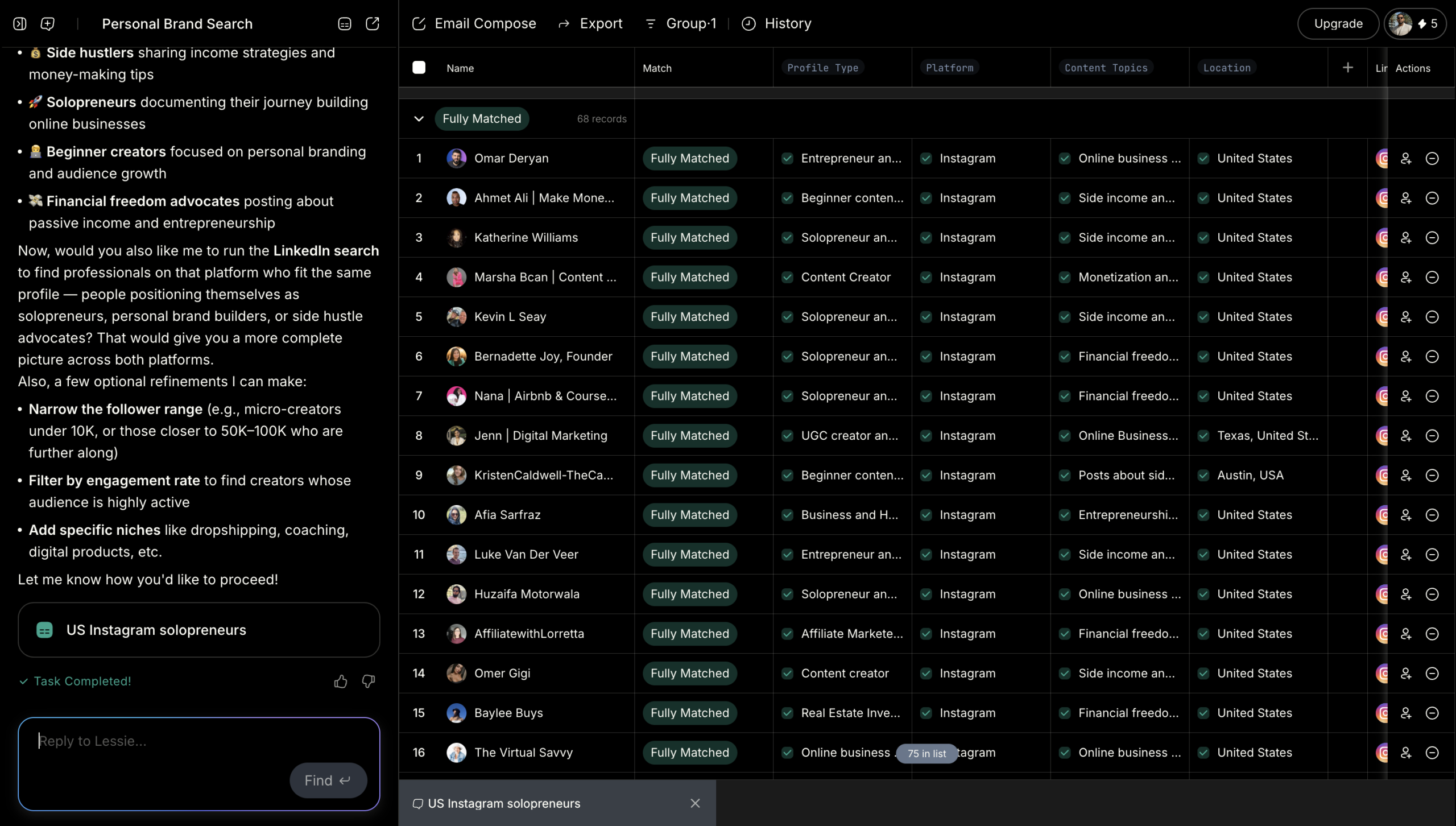 lessie ai search results